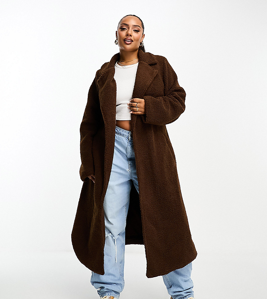 In The Style Plus exclusive borg longline belted coat in chocolate-Brown