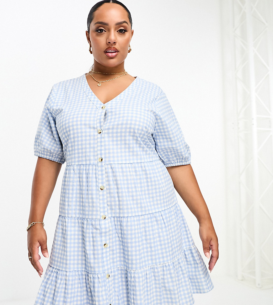 In The Style Plus exclusive button through mini smock dress in blue gingham-Multi