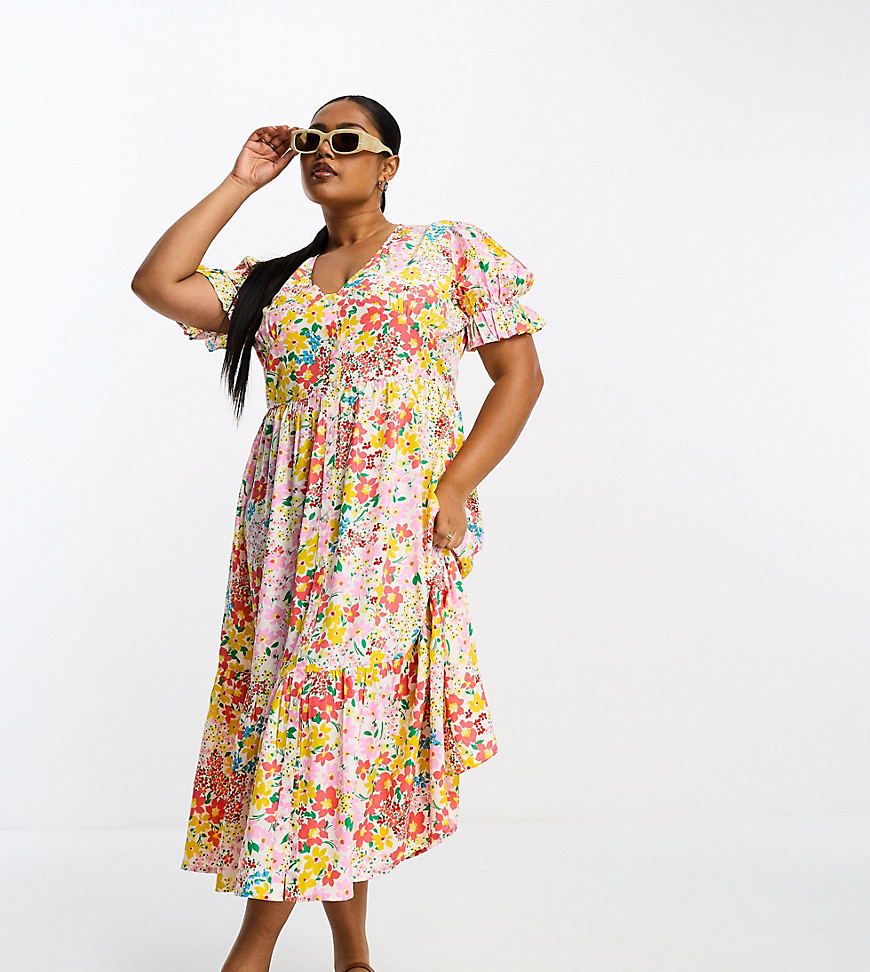 In The Style Plus exclusive button through puff sleeve midi dress in ditsy floral-Multi