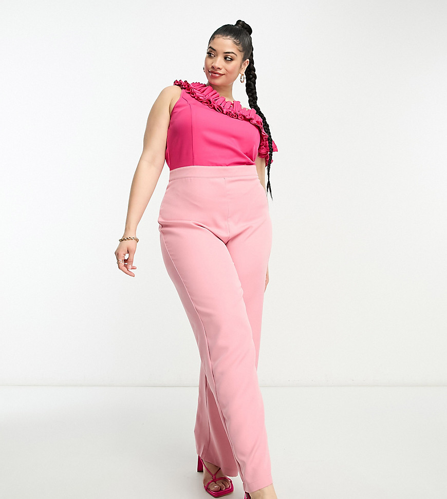 In The Style Plus Exclusive Contrast Frill One Shoulder Jumpsuit In Pink