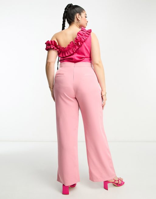 In The Style Plus exclusive contrast frill one shoulder jumpsuit in pink