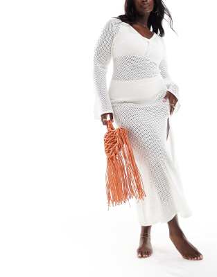 In The Style Plus In The Style Plus exclusive crochet ring detail flared sleeve maxi beach dress in white-Neutral