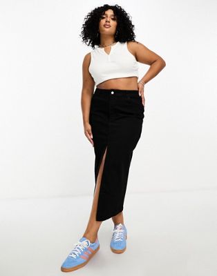 In The Style Plus exclusive denim midi skirt with front split in black - ASOS Price Checker