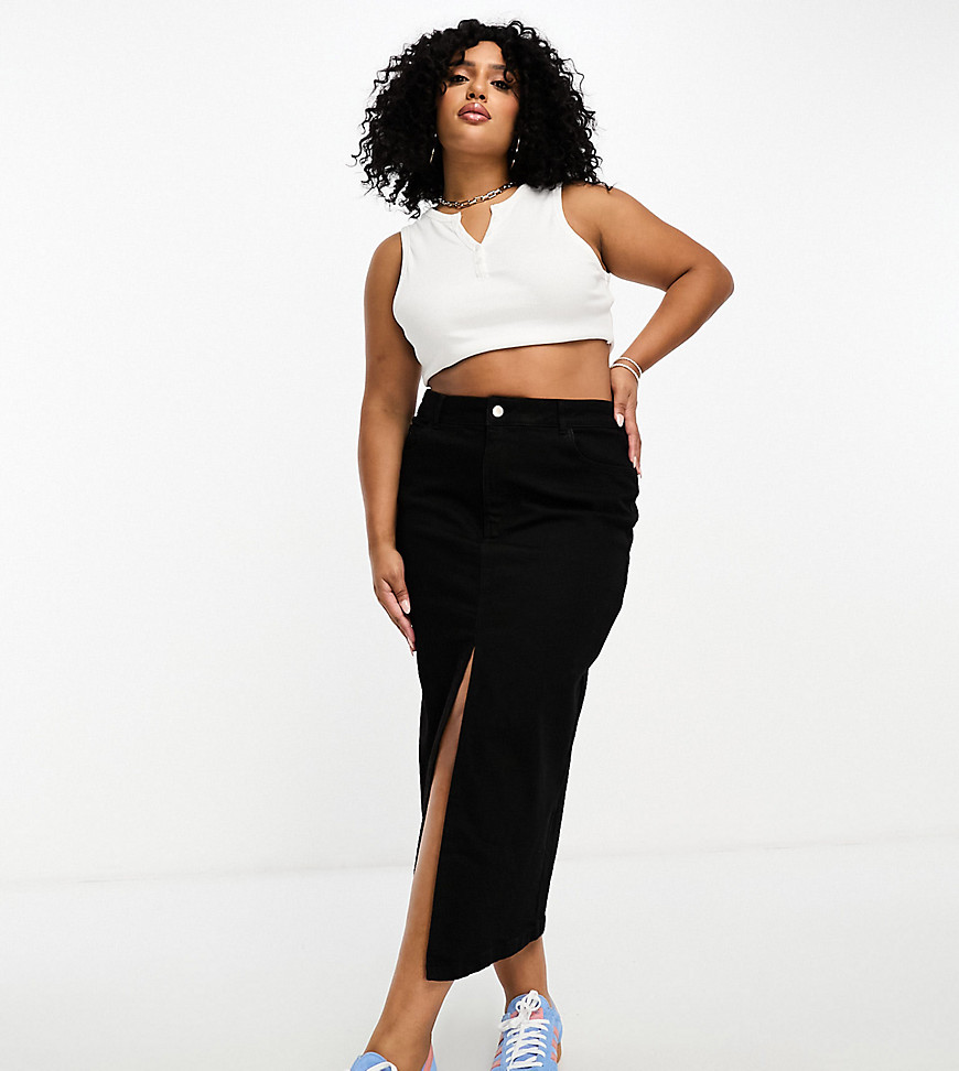In The Style Plus exclusive denim midi skirt with front split in black