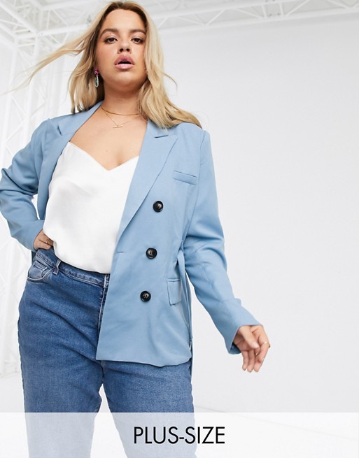 In The Style Plus exclusive double breasted blazer with belt in blue