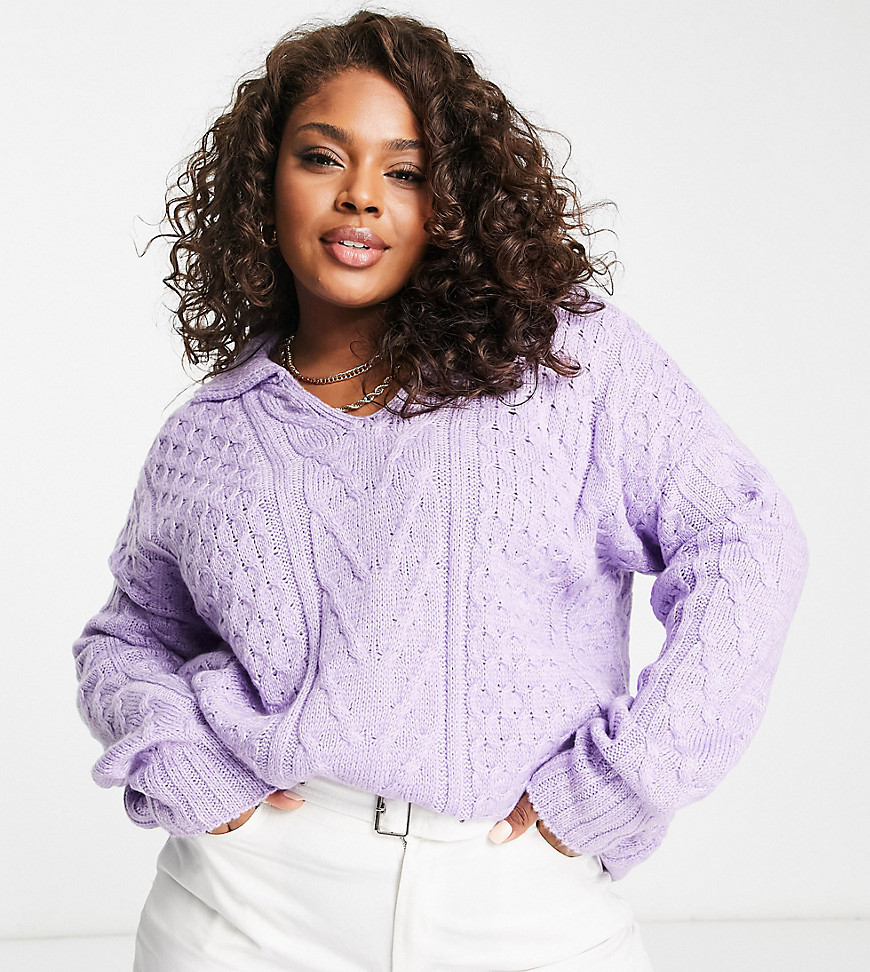 In The Style Plus Exclusive Knitted Collar Detail Cable Knit Sweater In Purple