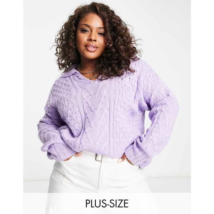 In The Style Plus exclusive knitted collar detail cable knit sweater in  purple