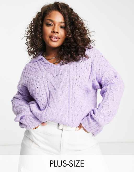 In The Style Plus exclusive knitted collar detail cable knit sweater in  purple