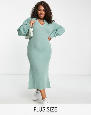 In The Style Plus exclusive knitted collar detail midi dress in sage