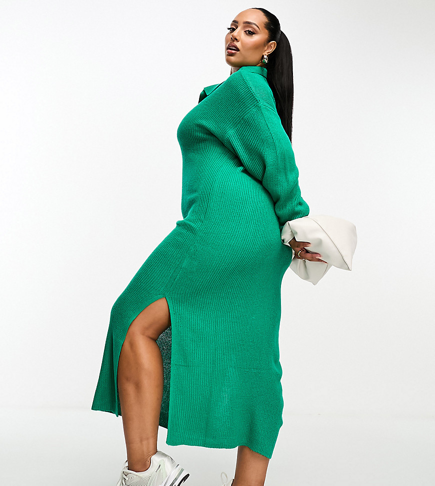 In The Style Plus exclusive knitted collar detail midi jumper dress in green
