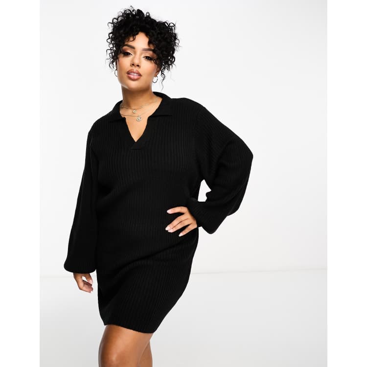 In The Style Plus exclusive knitted collar detail mini jumper dress in black