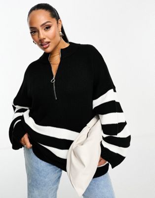 In The Style Plus exclusive knitted half zip jumper in mono stripe