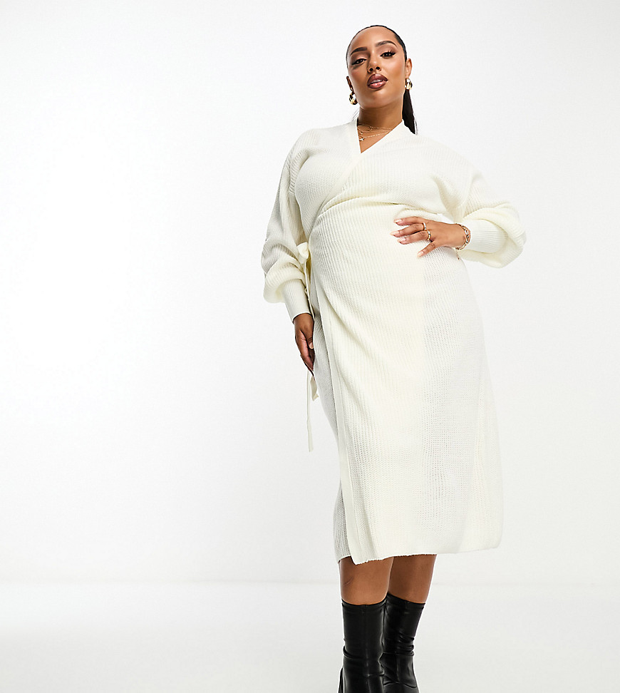 In The Style Plus exclusive knitted wrap maxi jumper dress in cream-White