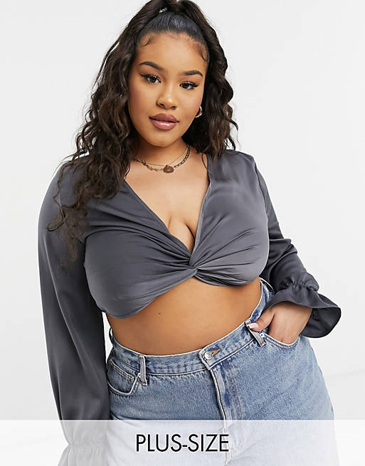 In The Style Plus exclusive knot front crop top in charcoal