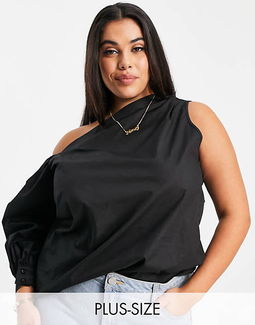 In The Style Plus exclusive one shoulder cut out top in black