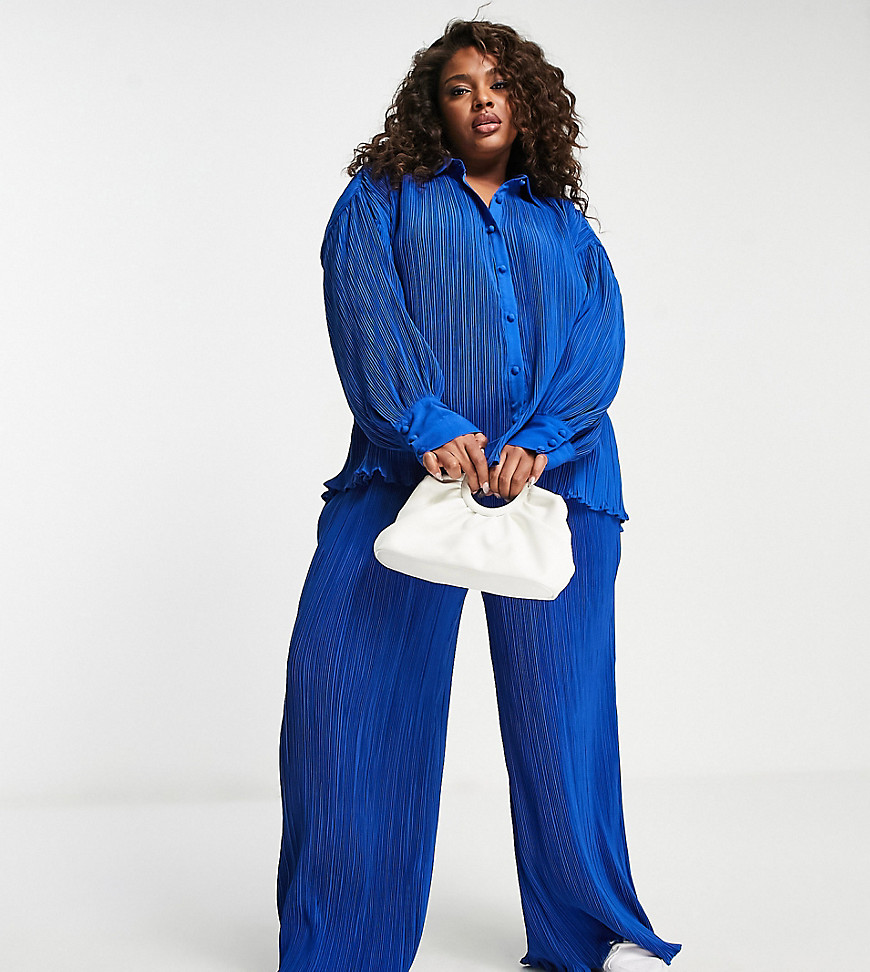 In The Style Plus exclusive plisse wide leg trouser co-ord in blue