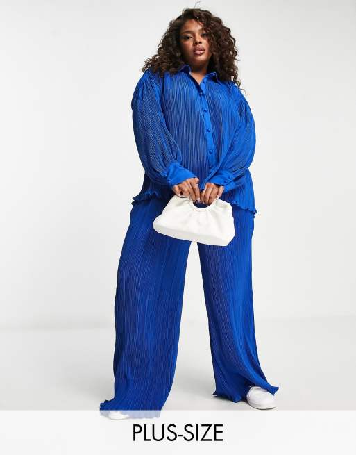 In The Style Plus exclusive plisse wide leg trouser co-ord in blue