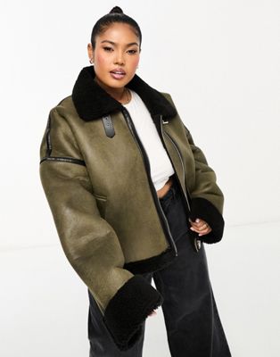 In The Style Plus exclusive Premium contrast faux suede and borg aviator jacket in khaki - ASOS Price Checker