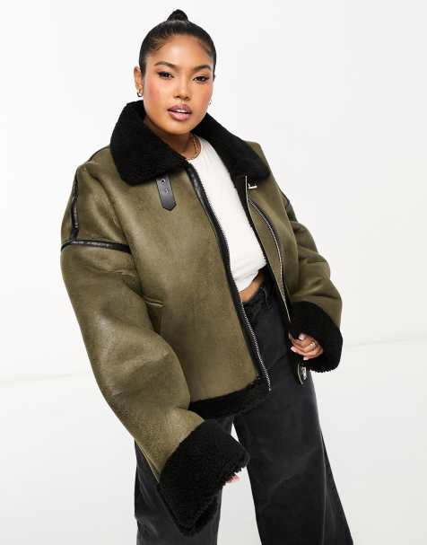 In The Style Plus exclusive Premium contrast faux suede and borg aviator jacket in khaki