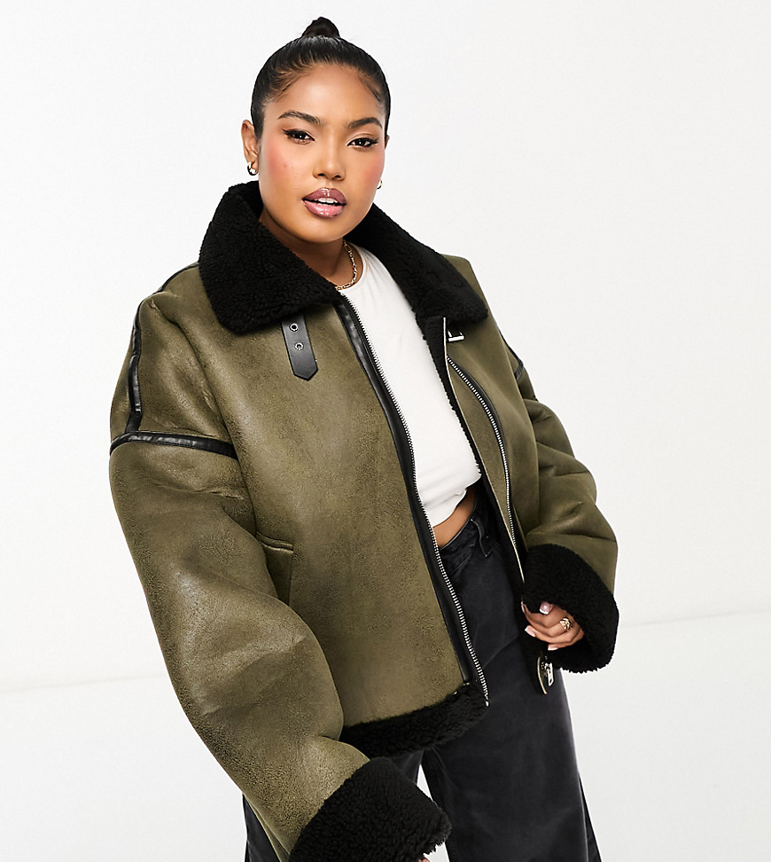 In The Style Plus exclusive Premium contrast faux suede and borg aviator jacket in khaki-Green