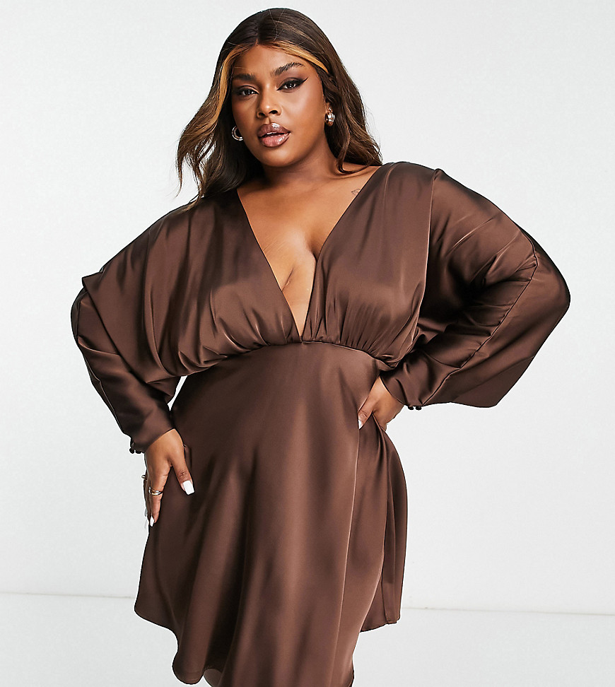In The Style Plus Exclusive satin batwing sleeve skater dress in chocolate-Brown