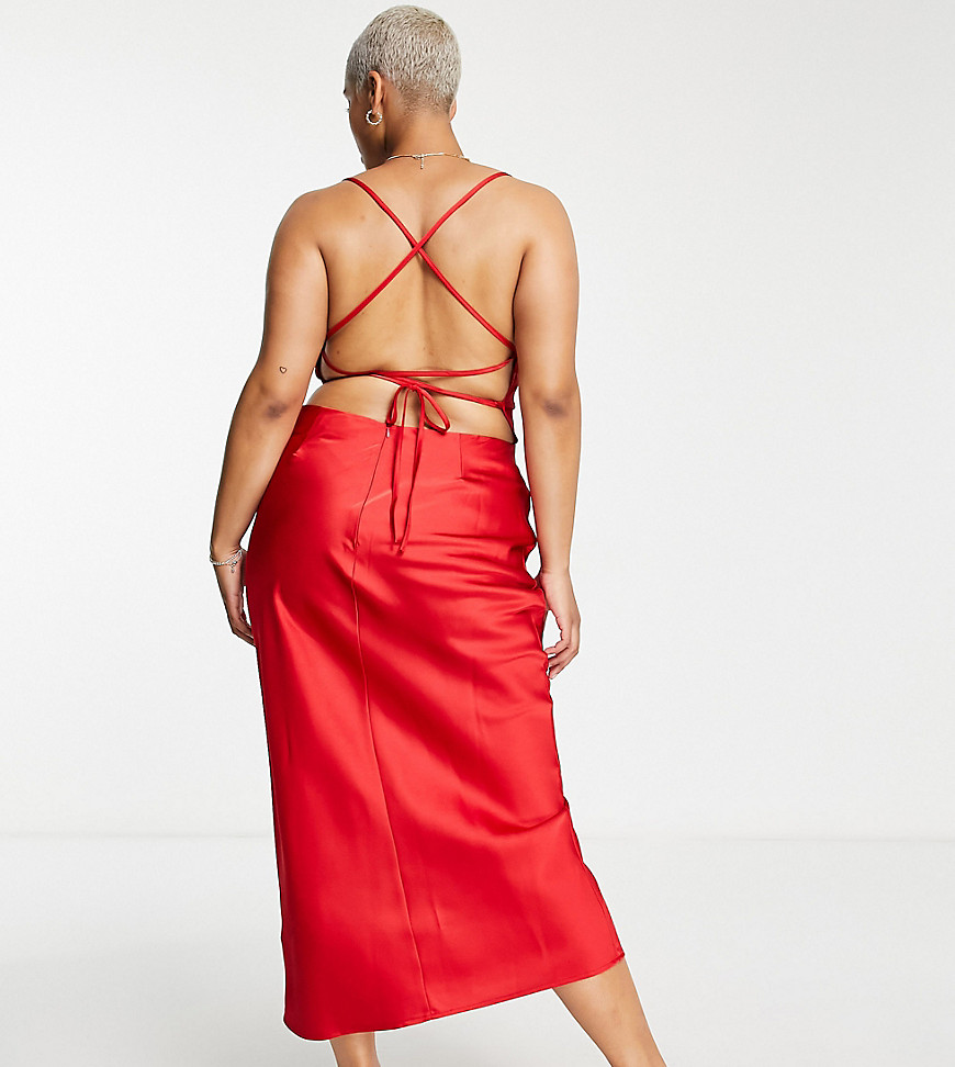 In The Style Plus exclusive satin cowl front midi dress in red
