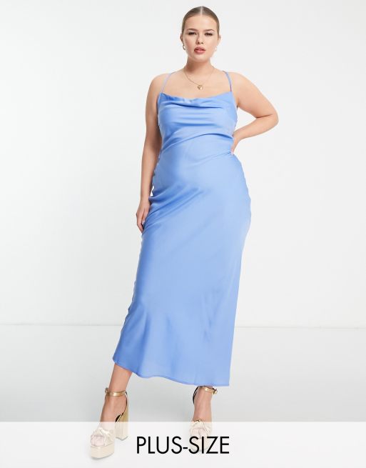 In The Style exclusive satin cowl neck midi dress in light blue