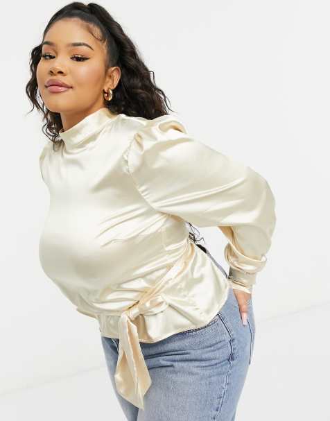 In The Style Plus exclusive satin high neck top in champagne - view 1
