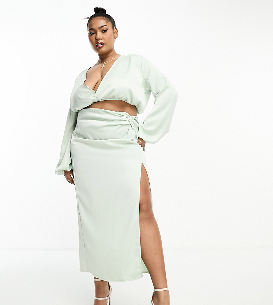 In The Style Plus exclusive satin knot drape detail midi skirt co-ord in pale green