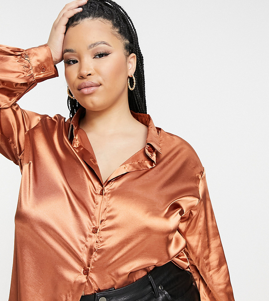 In The Style Plus Exclusive satin oversized shirt in rust-Orange