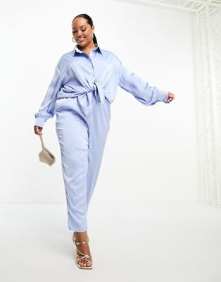In The Style Plus exclusive satin relaxed trouser co-ord in blue - ASOS Price Checker