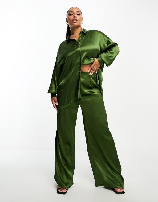In The Style Plus exclusive satin textured wide leg pants in khaki (part of a set)