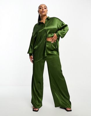 In The Style Plus exclusive satin textured wide leg trousers co-ord in khaki - ASOS Price Checker