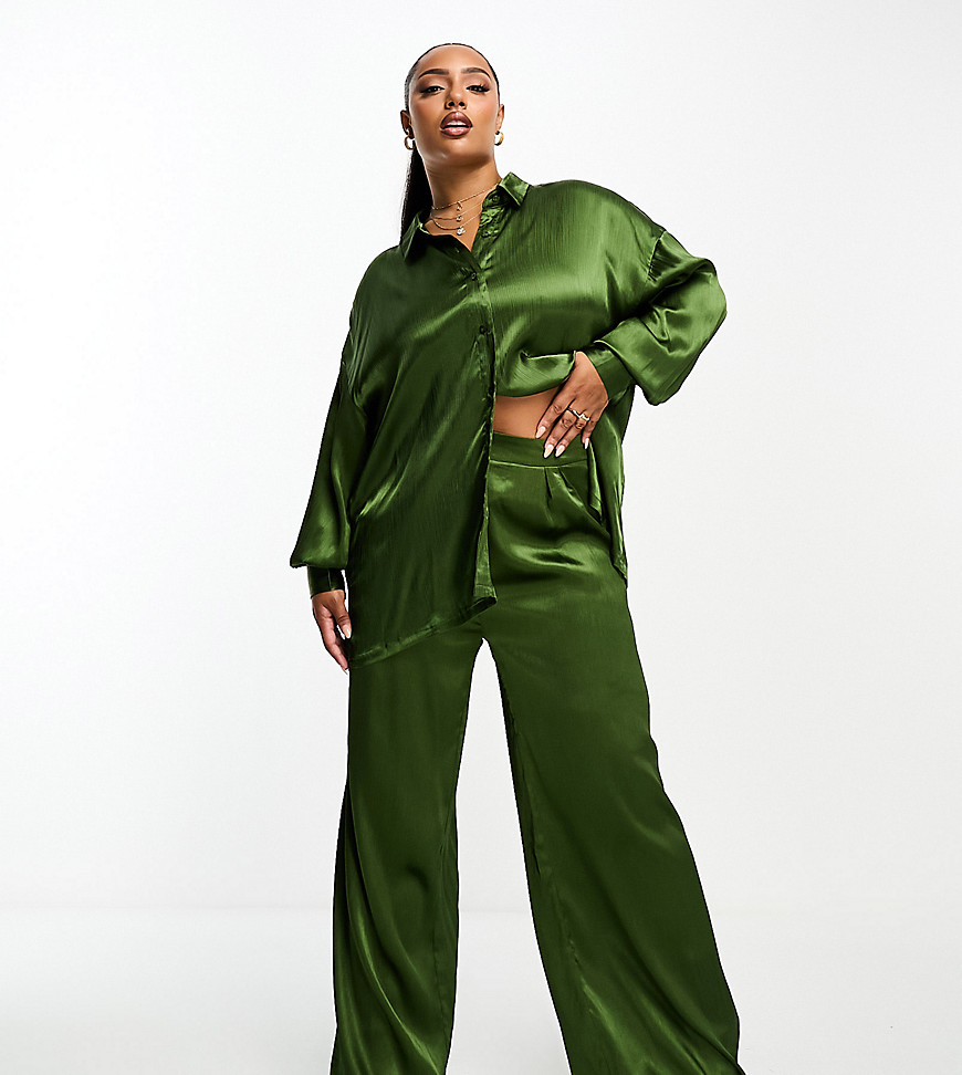 In The Style Plus exclusive satin textured wide leg trousers co-ord in khaki-Green