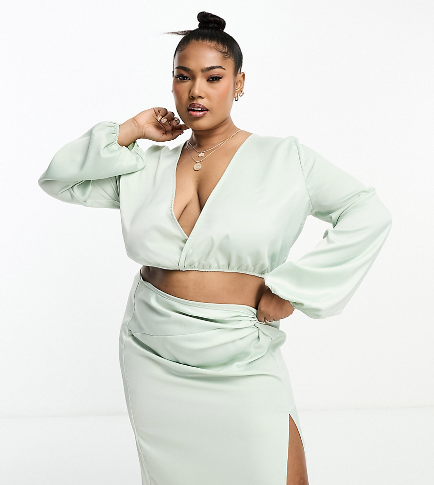 In The Style Plus exclusive satin twist front volume sleeve blouse co-ord in pale green