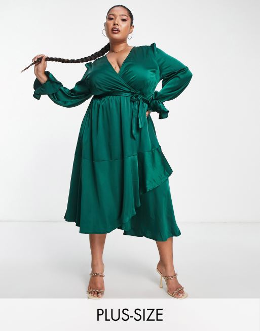 In The Style Plus Exclusive satin wrap detail midi dress in emerald ...