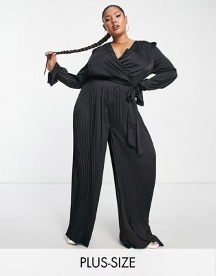 In The Style Plus exclusive satin wrap detail pleated wide leg jumpsuit with belt in black