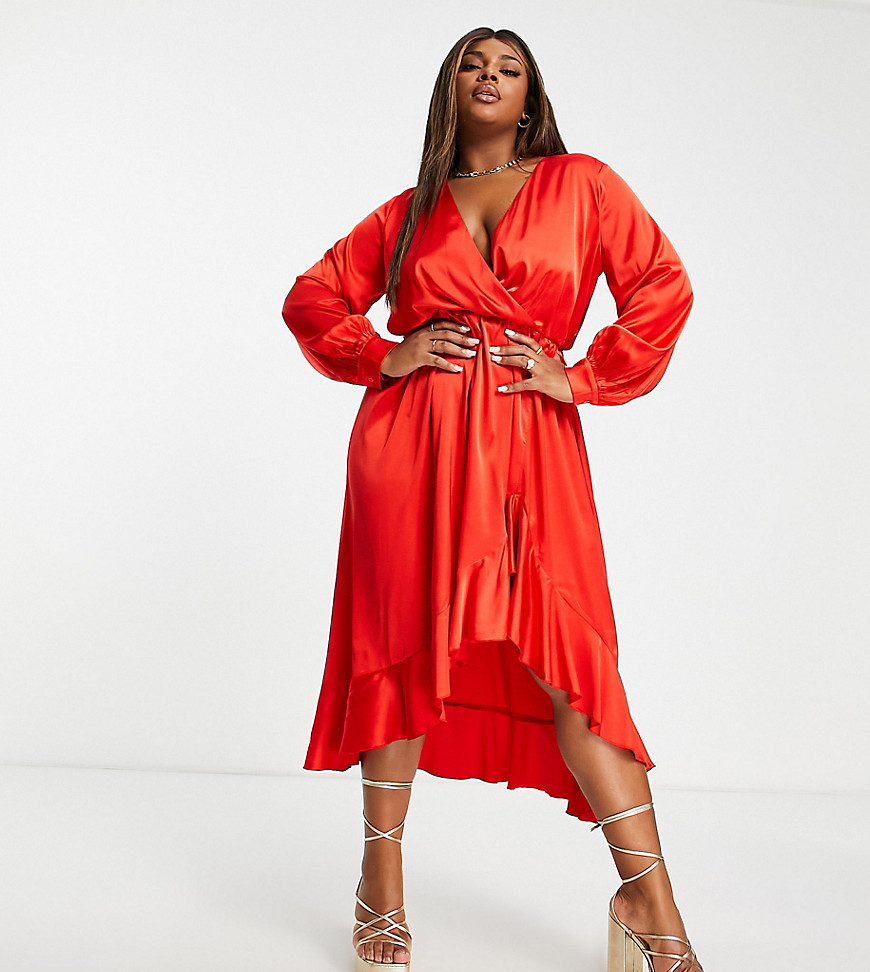 In The Style Plus Exclusive Satin Wrap Detail Volume Sleeve Midaxi Dress With Ruffle Hem Detail In Red