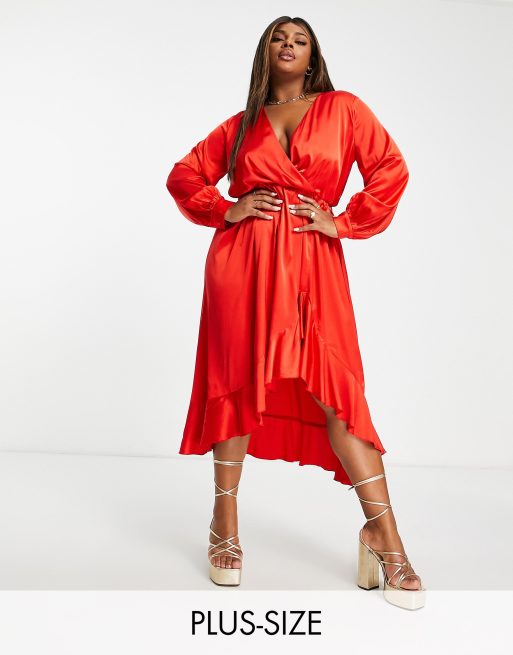 In The Style Plus Exclusive satin wrap detail volume sleeve midi dress with  ruffle hem detail in red