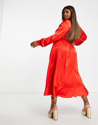 In The Style Plus Exclusive satin wrap detail volume sleeve midi dress with ruffle hem detail in red