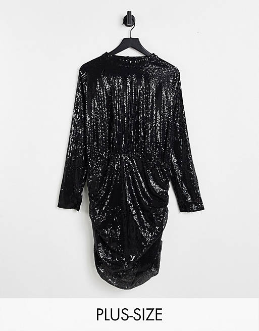 In The Style Plus exclusive sequin high neck 2 in 1 mini dress in black
