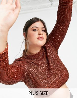 In The Style Plus exclusive sequin high neck top in  tobacco