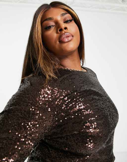 In The Style Plus exclusive sequin long sleeve midi dress in chocolate |  ASOS