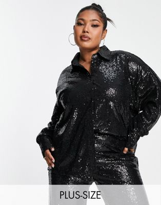 In The Style Plus exclusive sequin oversized shirt co-ord in black