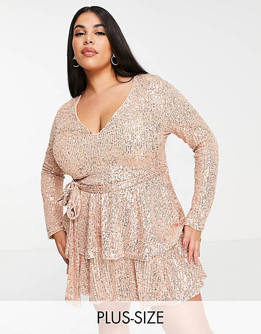 In The Style Plus exclusive sequin plunge front tiered detail mini dress in rose gold