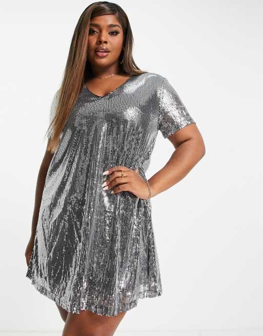 In The Style Plus exclusive sequin t shirt mini dress in silver ASOS