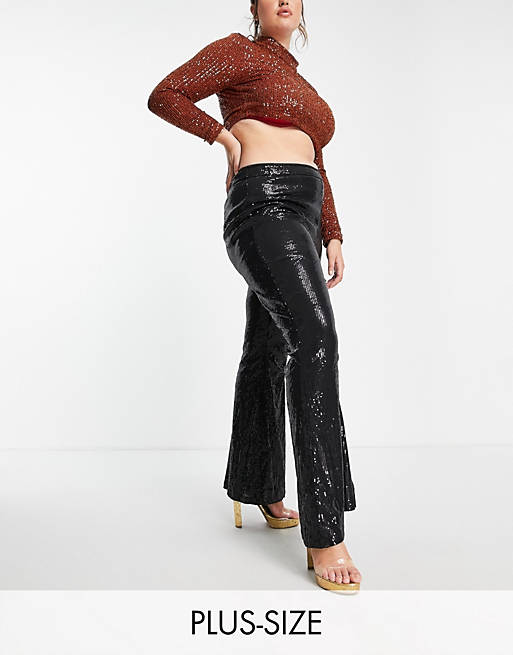 In The Style Plus exclusive sequin wide leg flare in black