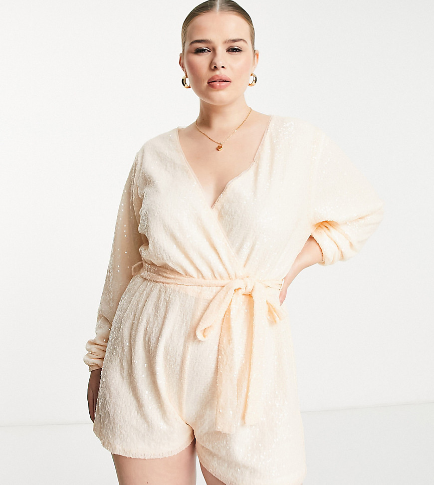 In The Style Plus Exclusive Sequin Wrap Detail Belted Playsuit In Ecru-White