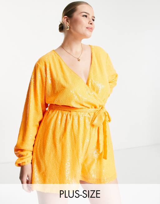 In The Style Plus exclusive sequin wrap detail belted playsuit in orange