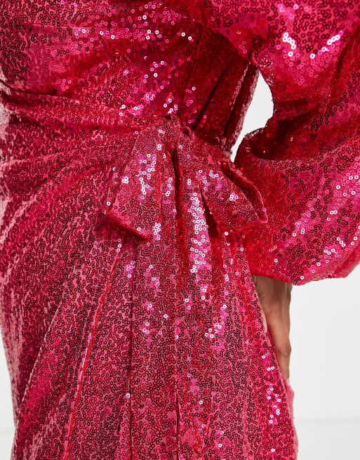 pink sequin wrap balloon sleeve mini dress In The Style Plus exclusive sequin wrap detail mini dress in cerise pink